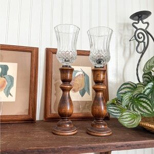 Vintage Brown Wooden Glass Candle Holders